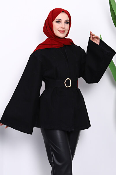 İmajButik Μαύρο τζιν μπουφάν με φαρδιά ζώνη