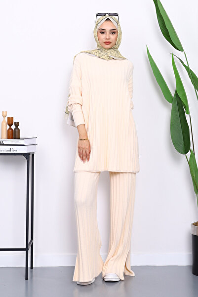 İmajButik Μπεζ κοτλέ Σετ πλεκτό με παντελόνι Yumoş