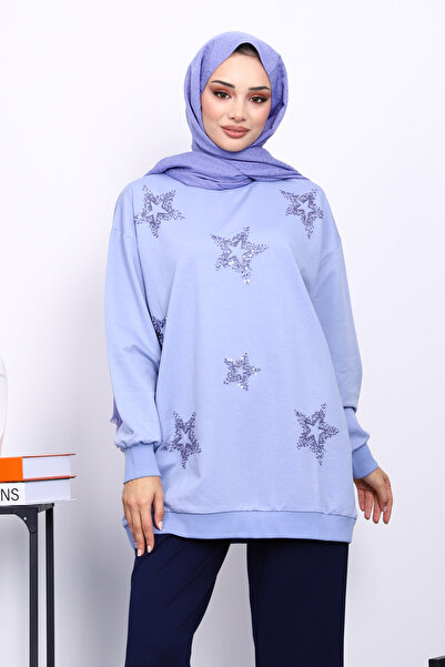 İmajButik Φούτερ λιλά με λαιμόκοψη και πέτρα Modal