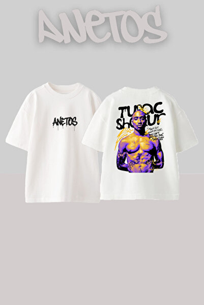 Anetos Tupac Design Back cu imprimeu Bumbac Alb supradimensionat tricou