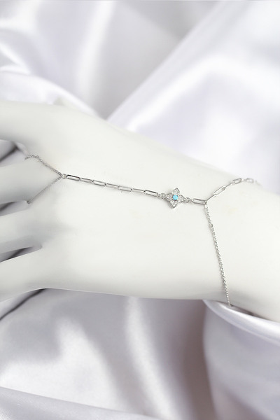 Skygo Brass Zircon Stone Blue Beaded Clover Model Silver Color Shahmeran - Tj-Sn720