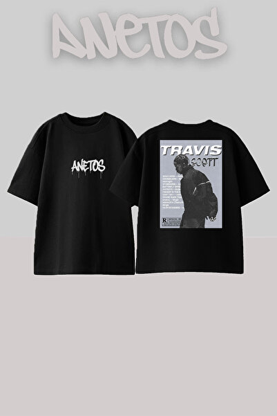 Anetos تي شيرت ترافيس سكوت 19 ديزاين راك مطبوع قطن أسود قصة فضفاضة
