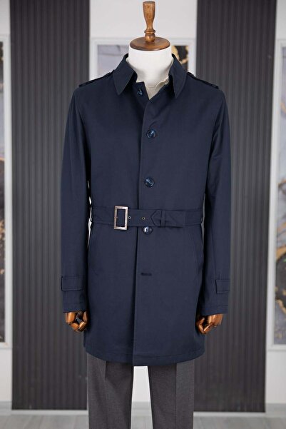 HC MEN CLASSIC Erkek Rahat Kalıp Kuşaklı Ceket Yaka Trençkot Mevsimlik Pamuk