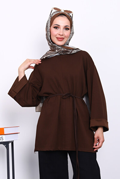 İmajButik Kahverengi Yanları Yırtmaçlı Bel İpli Tunik
