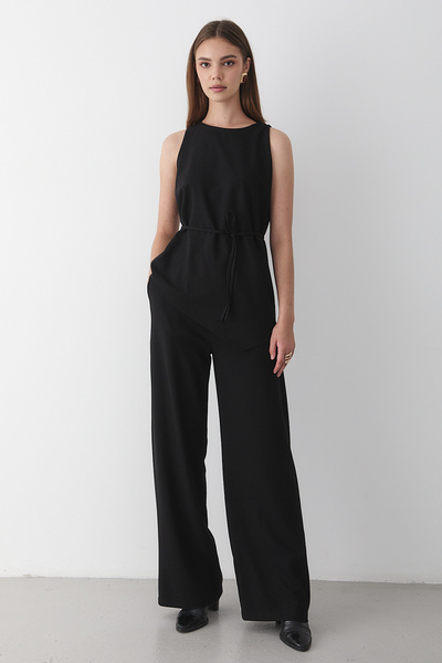 JASTE Women's Black Crew Neck Blouse with Belt Detail & Elastic Waist Pants Top & Bottom Set