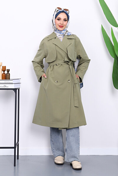 İmajButik Khaki Kravuze Collar Belted Pocketed Trench Coat