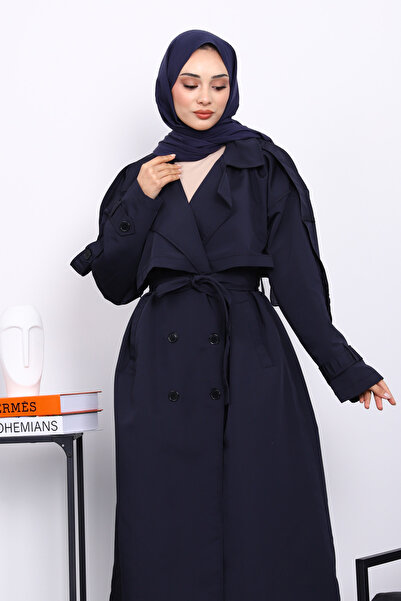 İmajButik Lacivert Kruvaze Yaka Astarlı Trençkot