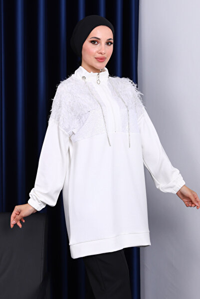 İmajButik Ecru Collar Zippered Tasseled Tunic