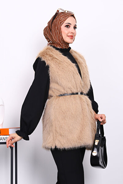 İmajButik Biscuit Belted Lined Fur Vest