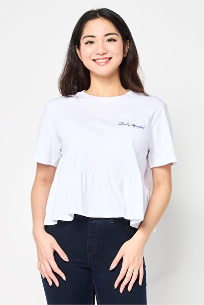 Karl Lagerfeld تي شيرت نسائي بأكمام قصيرة ورقبة دائرية مطرز بشعار مكشكش، أبيض