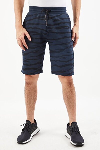 Cavalli Class Men Drawstring Allover Print Basic Shorts, Navy Blue/Black