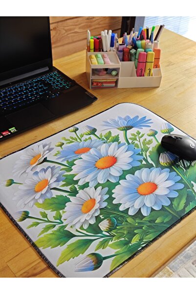 sgeteknoloji Sge Technology 55X45 cm White Daisies Anti-Slip Base Speed Surface Gamer Mouse Pad Gaming Pad