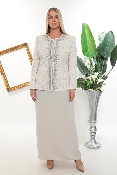 MİSS DİAMOND Elegant stone embroidered chic lined ecru long skirt three-piece...