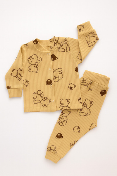 Vivolas Teddy Bear Patterned Crew Neck Corded Fabric 2-Piece Set Baby Sweatshirt and Pants