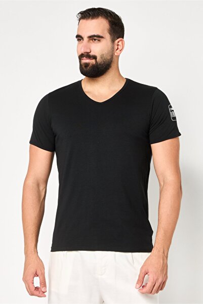 Cerruti 1881 Men V-Neck Short Sleeve Brand Logo T-Shirt, Black