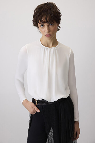 Touché Privé Drawstring Chiffon Bodysuit with Snap Fasteners