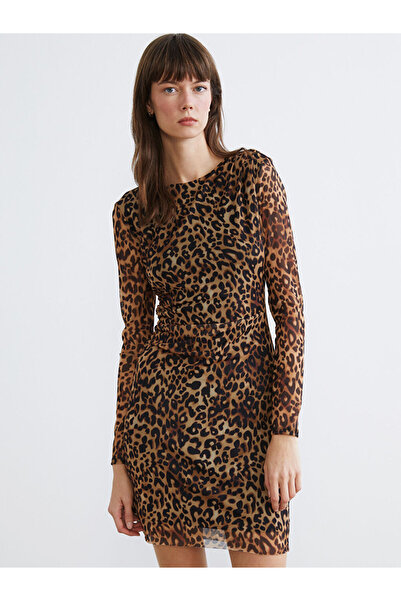 LC Waikiki Mixed Leopard Print Gathered Tulle Mini Dress