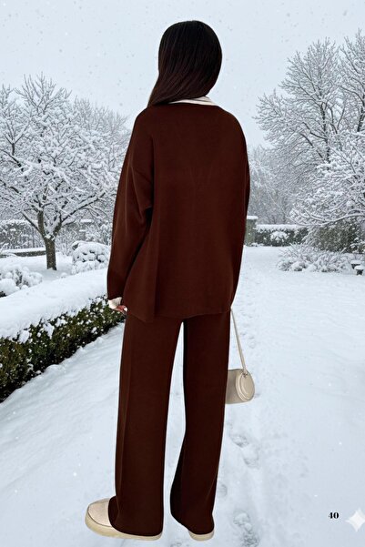 WOMAN VISION Women's Knitwear Double Set - Cardigan with 2 Front Metal Buttons and Wide Leg Pants Set Lap-002