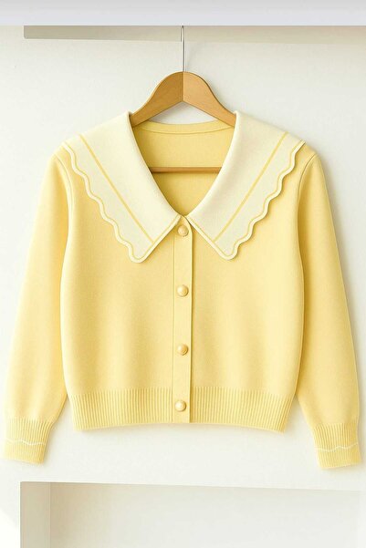 sovl Tricotaj galben cu guler tip Peter Pan nasturi Pulover pentru femei cu aspect cardigan