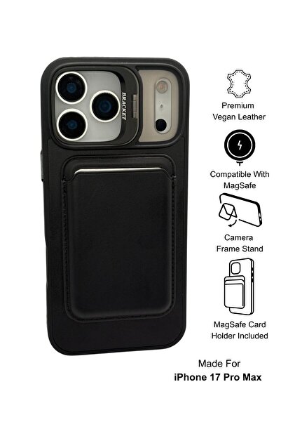 Paladyum Case iPhone 17 Pro Max Uyumlu Premium Siyah Deri Magsafe Cüzdanlı Ka...