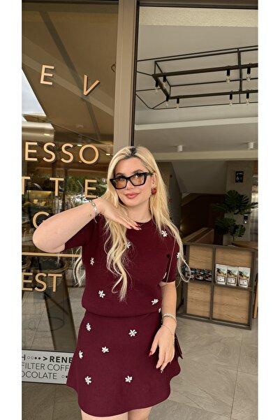 GLAM Dlv beli lastikli taş işlemeli triko bordo etek