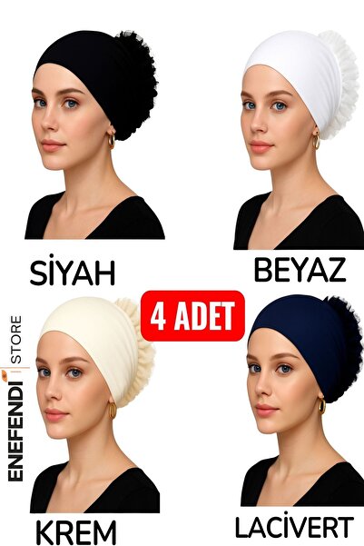 NF ND ENEFENDİ 4 Pieces of Silicone Frilly Stretch Fabric Bonnet Non-Slip Bun Bonnet Stitch-Free (Black•White•Cream•Navy Blue)
