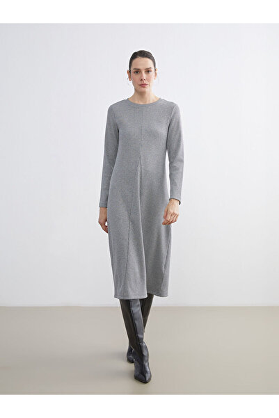 LC Waikiki Lcw grace grey plus size crew neck Corded Fabric dress