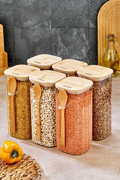 Cooker 6'Lı 1.6 Litre Bambu Kapaklı Borosilikat Cam Kaşıklı Saklama Kabı Baha...