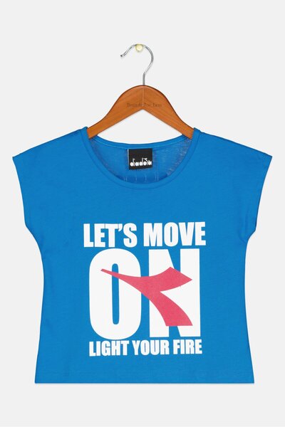 Diadora بلوزة بأكمام قصيرة وطبعة جرافيكية للبنات الصغار، مجموعة زرقاء