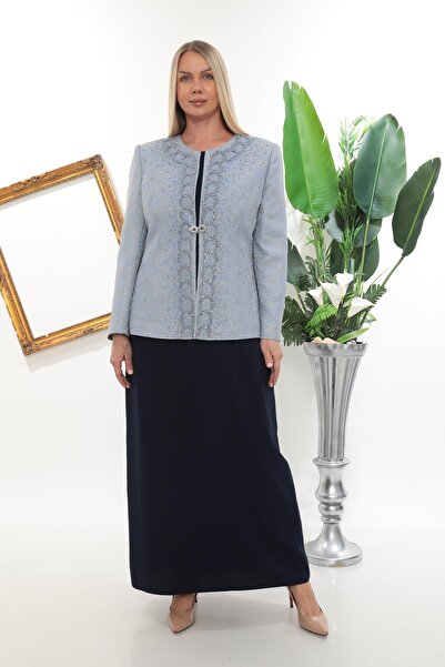 MİSS DİAMOND فستان طويل مبطن بحجر مع سترة، طقم من قطعتين باللون الأزرق الداكن