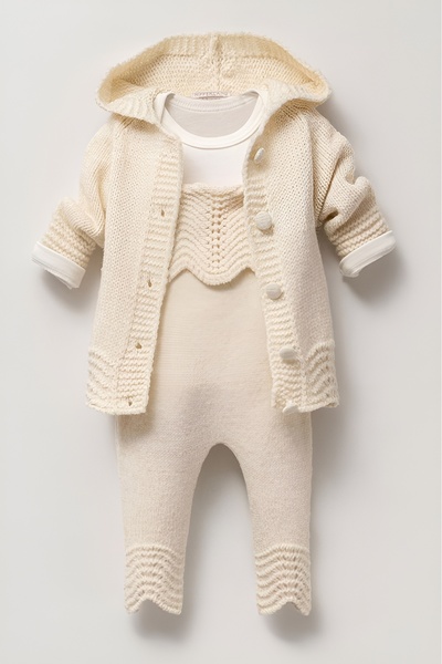 Nipperland Çaren Kids- Baby Girl Lace-Like Knit Knitwear 3-Piece Set- Lace-Like Knit Knitwear Salopet and Cardigan, Snap Fastener Bodysuit