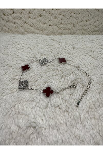 ANGELSS JEWELLERY Bordo Gümüş Renk Zirkon Taşlı Yonca Model Çelik Bileklik (Y...