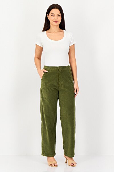 Reiko Women Regular Fit Textured Corduroy Pants, Olive
