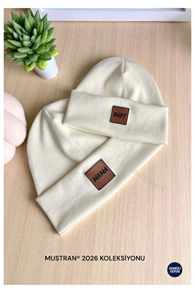 Mustran 95% Cotton Handcrafted Leather Label Mother Baby Beanie Set |   3–18 Months and Adult Gift