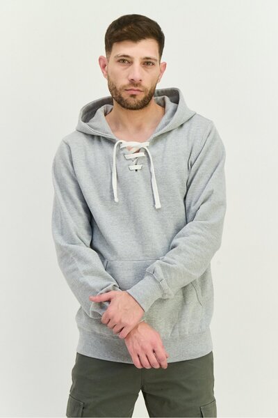 fleece factory سويت شيرت رجالي بغطاء رأس رأس وأكمام طويلة، رمادي