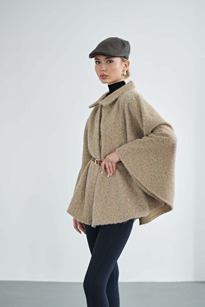 Molly Nelly Γυναικείο χειμερινό παλτό πόντσο με ζώνη με εφέ τσόχας