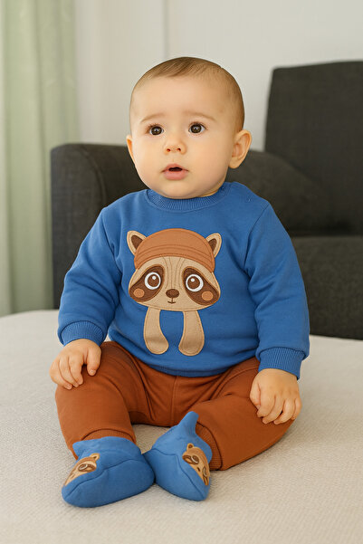 Necix's Erkek Bebek Panduflu Rakun Desenli 3 İplik Şardonlu Kışlık Uzun Kollu...