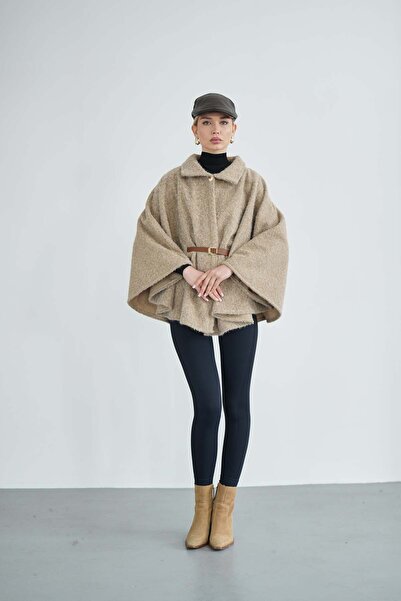 Molly Nelly Γυναικείο χειμερινό παλτό πόντσο με ζώνη με εφέ τσόχας