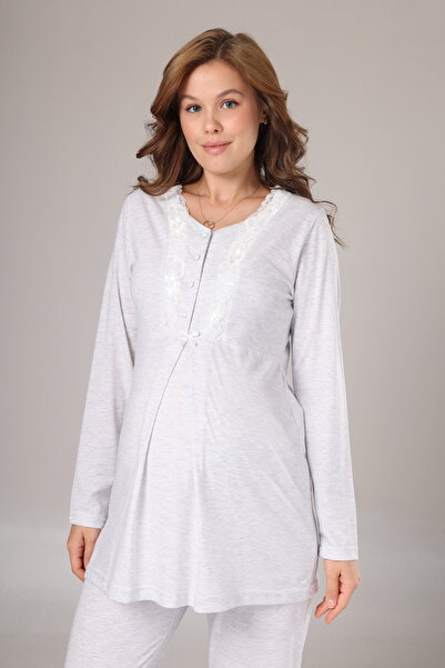 Nisy Collection Gray Melange Winter Maternity Pajama Set with Dressing Gown