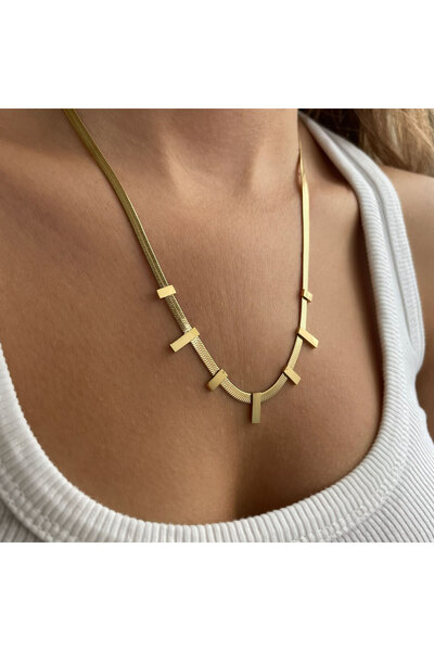 nerora Dikdörtgen Motifli İtalyan Zincir Paslanmaz Çelik Kolye Gold (Kararmam...