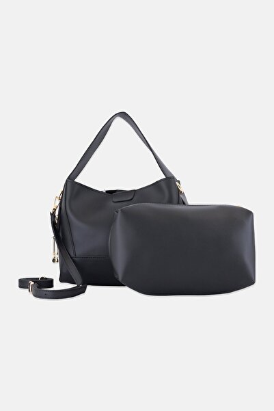 Lucky Bees Women 2Pcs Brand Logo Shoulder Bag, Black