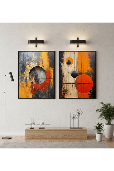 Linacci İkili Siyah Metal Çerçeve Turuncu Kırmızı Camlı Tablo Seti