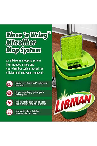 Libman Rin'n Wring Microfiber Mop & Bucket Set - Wet/Dry, Dual-Chamber Bucket, 2 Microfiber Pads, Gr