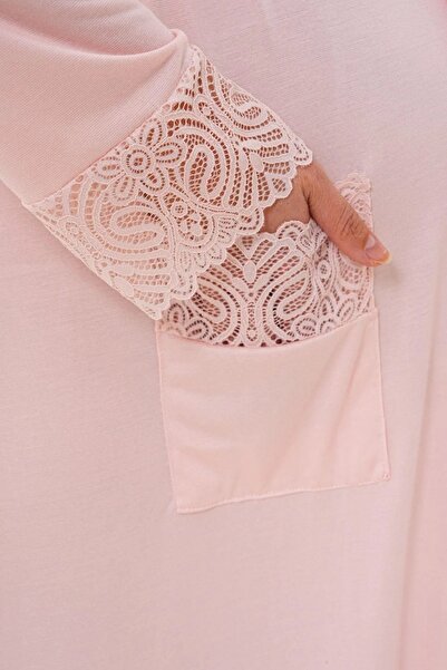 By Mecit Pijama Women's Long Belted Dressing Gown with Pocket and Guipure Detail 65% Cotton 35% Viscose