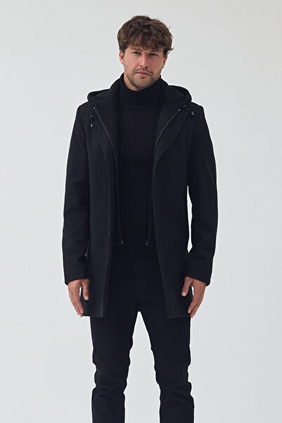 TREND KOMBİN Men's Black Color Standard Fit Zippered Half Quilted Hooded Cashmere Coat