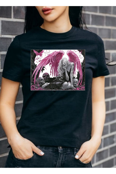 wonderbb Tricou de damă 100% bumbac „Angel Krull” Negru