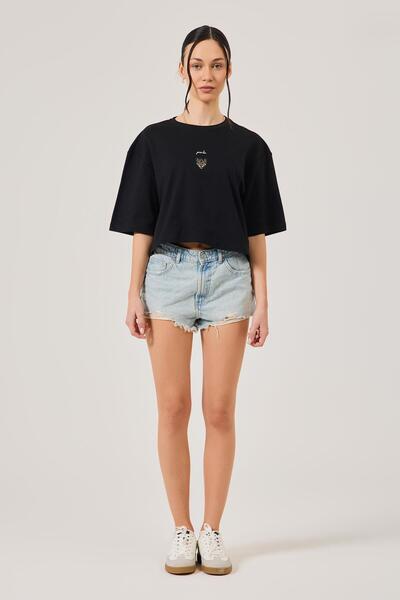 Kadın Örme Kısa Kol Crop Siyah T-Shirt