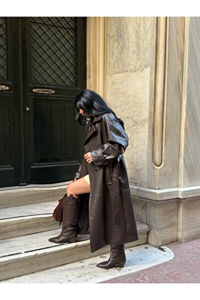 LB Laluna Butik Жіночий довгий шкіряний тренч