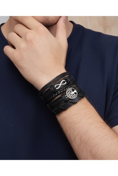 E&F Takı 5 Pcs Leather Bracelet Infinity and Tree of Life Adjustable Genuine Leather Bracelet Men Bracelet