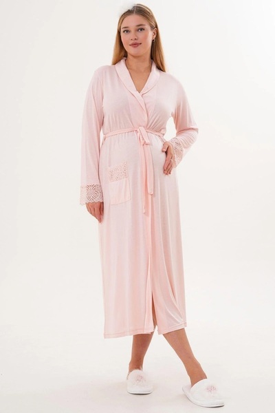 By Mecit Pijama Women's Long Belted Dressing Gown with Pocket and Guipure Detail 65% Cotton 35% Viscose